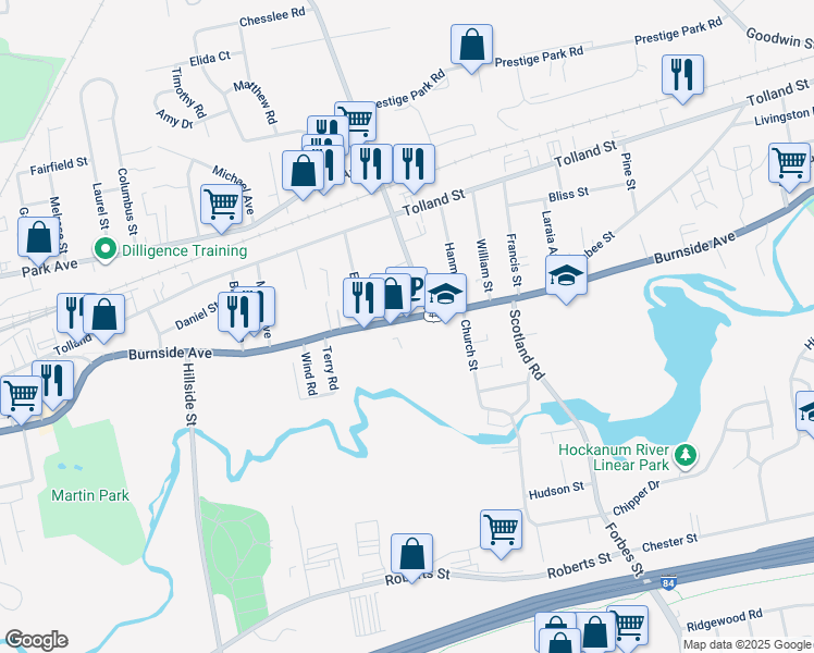 map of restaurants, bars, coffee shops, grocery stores, and more near 647 Burnside Avenue in East Hartford