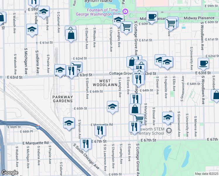 map of restaurants, bars, coffee shops, grocery stores, and more near 6350 South Champlain Avenue in Chicago