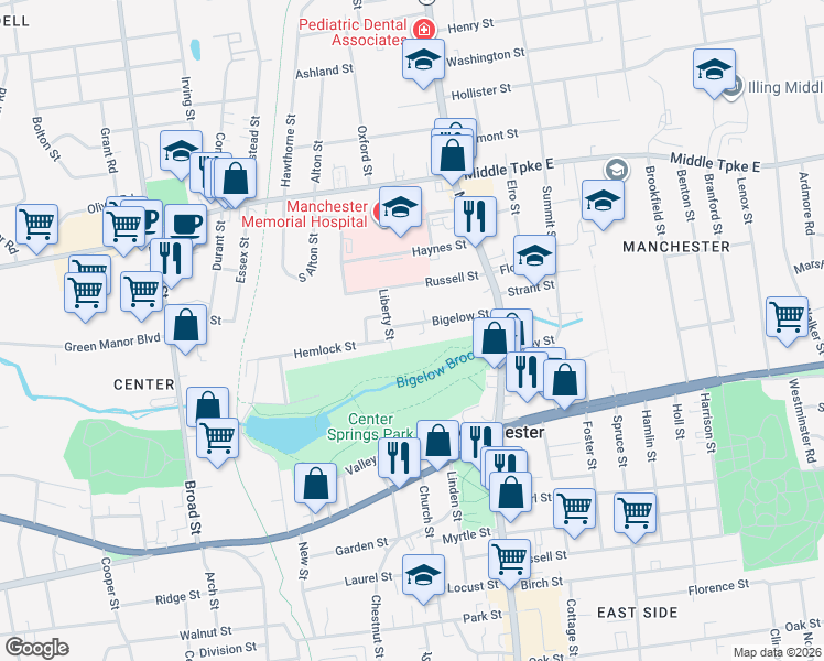 map of restaurants, bars, coffee shops, grocery stores, and more near 67 Bigelow Street in Manchester