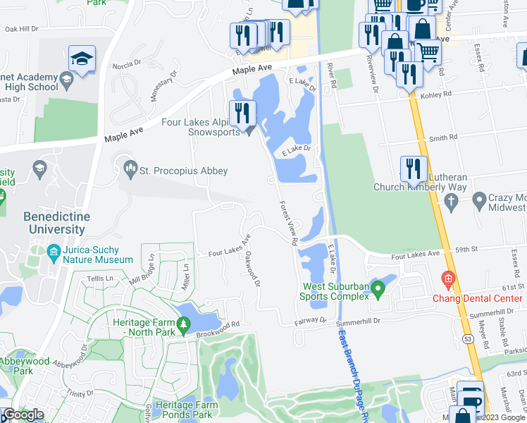 map of restaurants, bars, coffee shops, grocery stores, and more near 5811 Oakwood Drive in Lisle