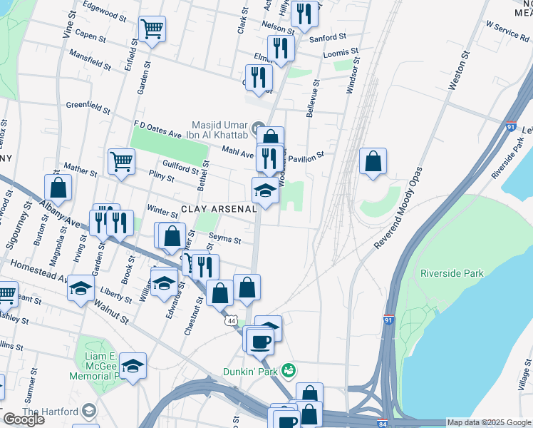 map of restaurants, bars, coffee shops, grocery stores, and more near 1750 Main Street in Hartford