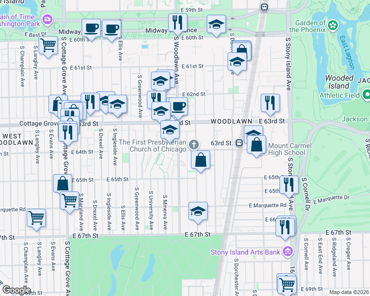 map of restaurants, bars, coffee shops, grocery stores, and more near 6306 South Woodlawn Avenue in Chicago