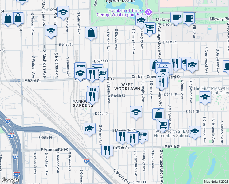 map of restaurants, bars, coffee shops, grocery stores, and more near 6348 South Rhodes Avenue in Chicago