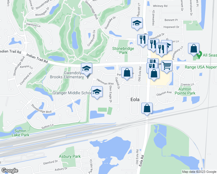 map of restaurants, bars, coffee shops, grocery stores, and more near 1124 Glen Eagle Drive in Aurora