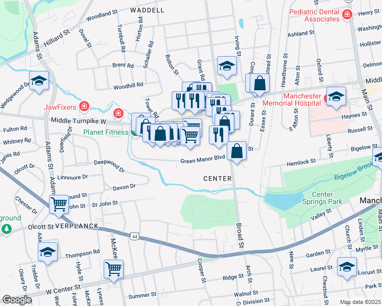 map of restaurants, bars, coffee shops, grocery stores, and more near 286 Broad Street in Manchester
