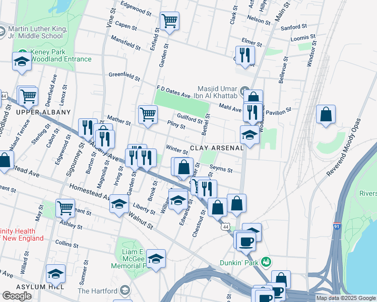 map of restaurants, bars, coffee shops, grocery stores, and more near 79 Green Street in Hartford