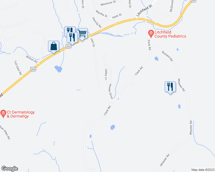 map of restaurants, bars, coffee shops, grocery stores, and more near 4 Haley Lane in Litchfield