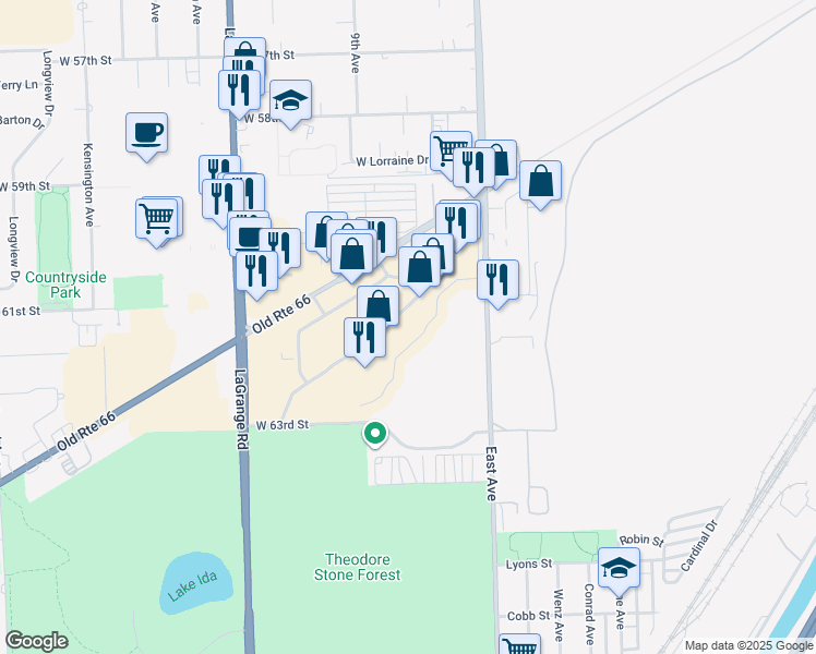 map of restaurants, bars, coffee shops, grocery stores, and more near 9350 Joliet Road in Hodgkins