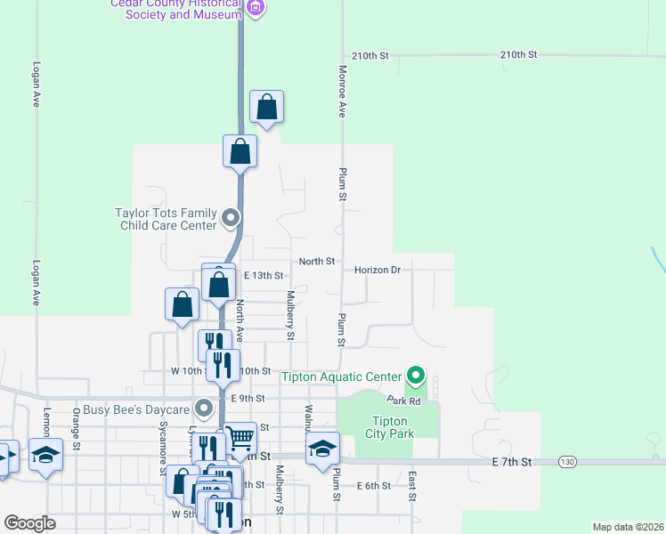 map of restaurants, bars, coffee shops, grocery stores, and more near 1227 Plum Street in Tipton