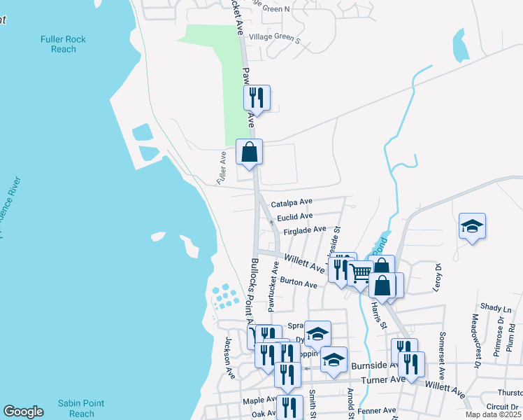 map of restaurants, bars, coffee shops, grocery stores, and more near 12 Catalpa Avenue in East Providence