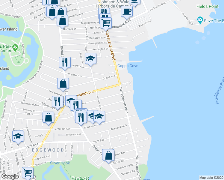 map of restaurants, bars, coffee shops, grocery stores, and more near 83 Norwood Avenue in Cranston
