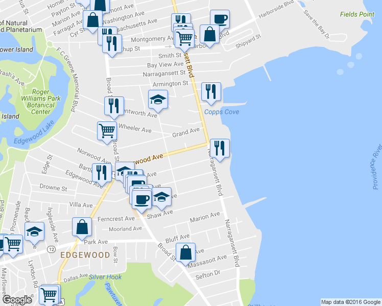 map of restaurants, bars, coffee shops, grocery stores, and more near 83 Norwood Avenue in Cranston