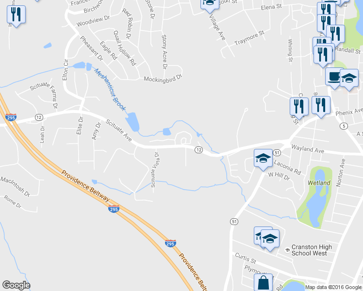 map of restaurants, bars, coffee shops, grocery stores, and more near 265 D Scituate Avenue in Cranston