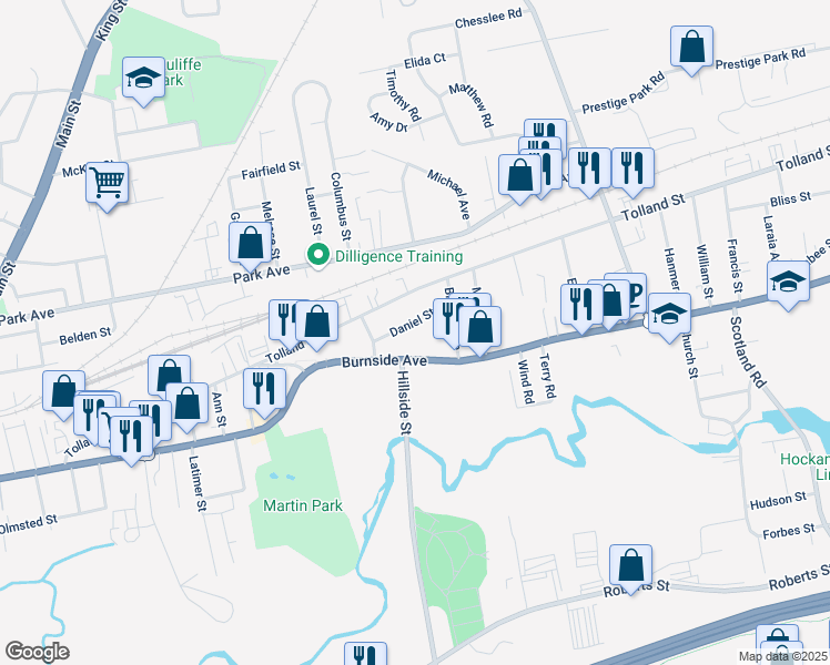 map of restaurants, bars, coffee shops, grocery stores, and more near 54 Daniel Street in East Hartford