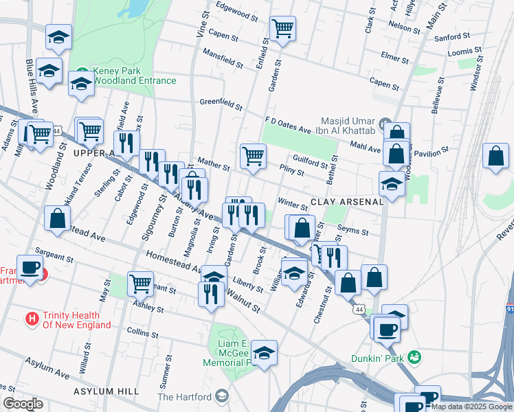 map of restaurants, bars, coffee shops, grocery stores, and more near 119-135 Bedford Street in Hartford