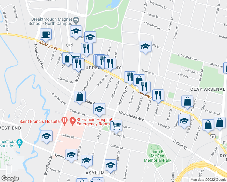 map of restaurants, bars, coffee shops, grocery stores, and more near 72 Edgewood Street in Hartford