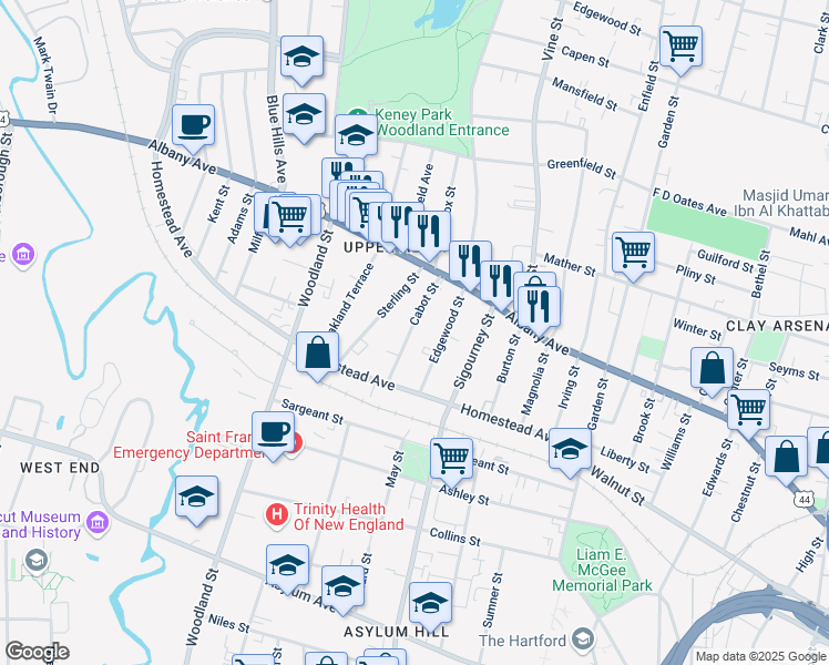 map of restaurants, bars, coffee shops, grocery stores, and more near 64 Cabot Street in Hartford