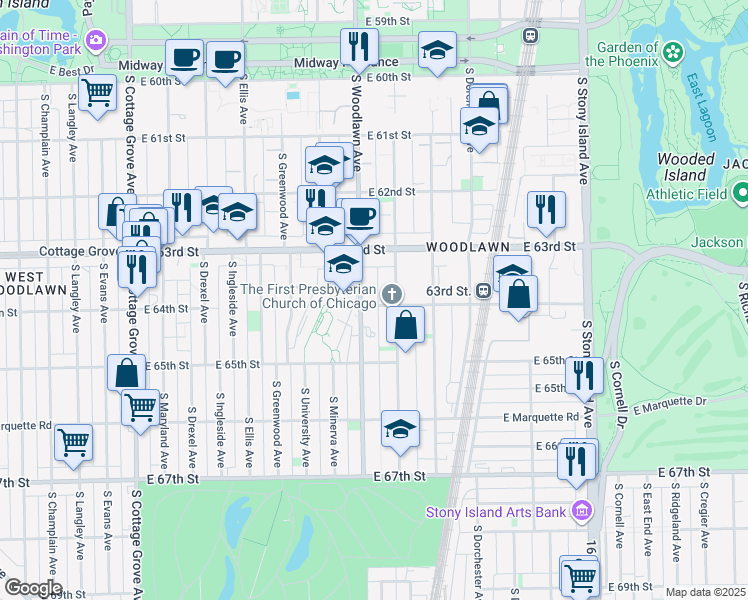 map of restaurants, bars, coffee shops, grocery stores, and more near 6306 South Woodlawn Avenue in Chicago