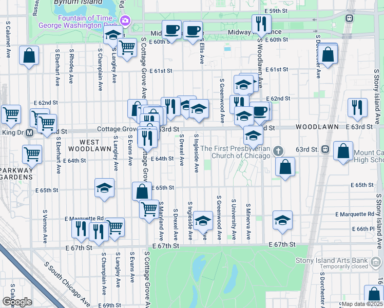 map of restaurants, bars, coffee shops, grocery stores, and more near 6331 South Ingleside Avenue in Chicago