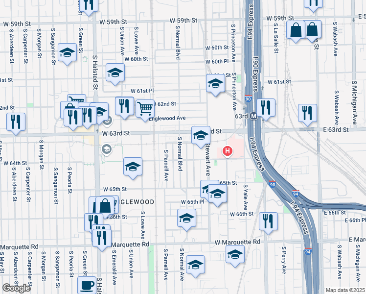 map of restaurants, bars, coffee shops, grocery stores, and more near 6307 South Normal Boulevard in Chicago