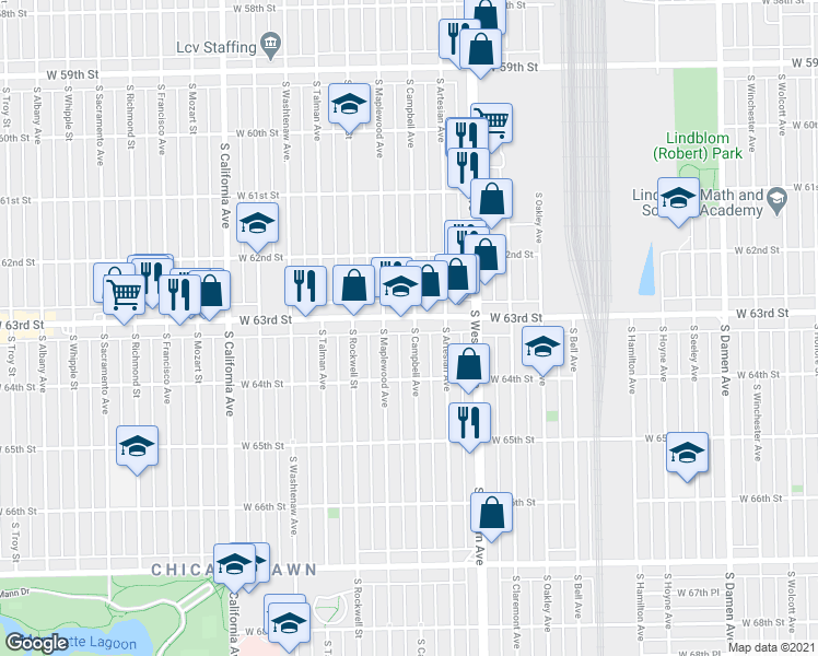 map of restaurants, bars, coffee shops, grocery stores, and more near 2518 West 63rd Street in Chicago
