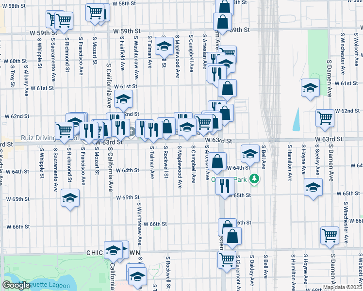 map of restaurants, bars, coffee shops, grocery stores, and more near 2518 West 63rd Street in Chicago