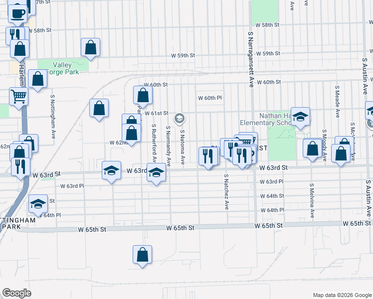 map of restaurants, bars, coffee shops, grocery stores, and more near 6159 South Natoma Avenue in Chicago