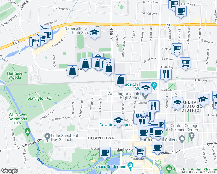 map of restaurants, bars, coffee shops, grocery stores, and more near 450 West 5th Avenue in Naperville