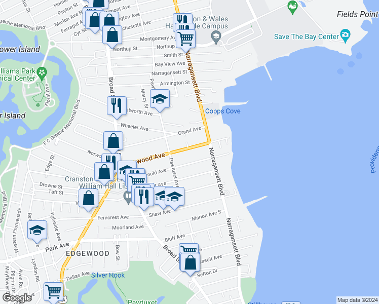 map of restaurants, bars, coffee shops, grocery stores, and more near 98 Norwood Avenue in Cranston