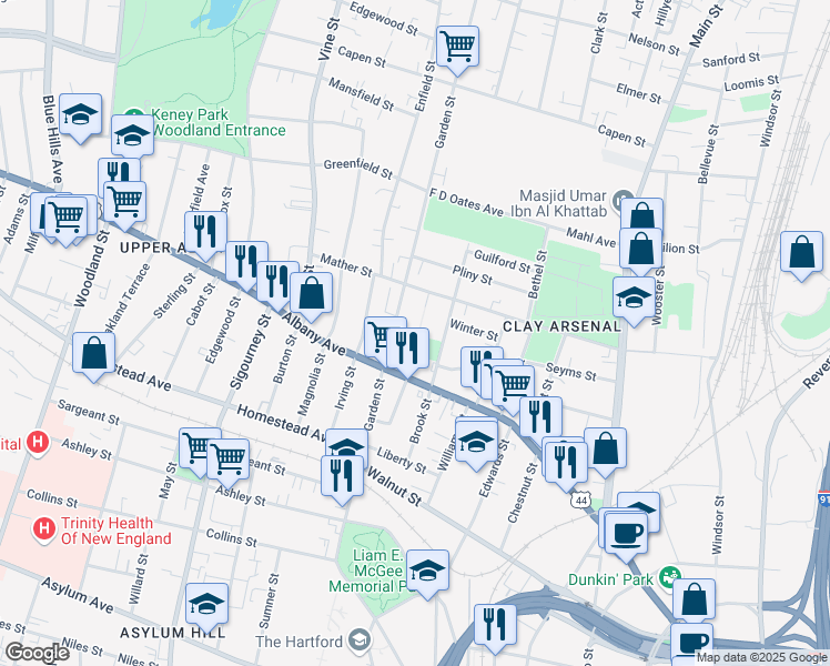 map of restaurants, bars, coffee shops, grocery stores, and more near 119-135 Bedford Street in Hartford