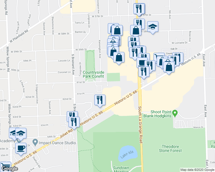 map of restaurants, bars, coffee shops, grocery stores, and more near 6110 Jovic Court in Countryside