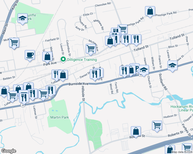 map of restaurants, bars, coffee shops, grocery stores, and more near 18 Bidwell Avenue in East Hartford