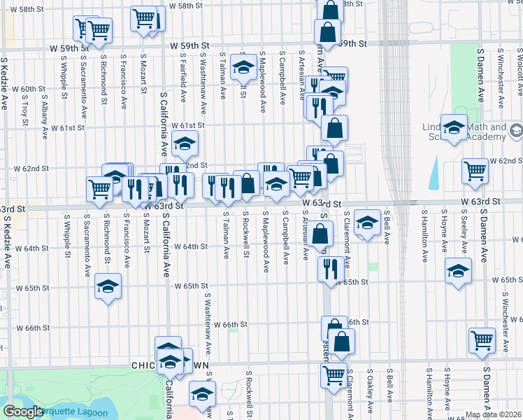 map of restaurants, bars, coffee shops, grocery stores, and more near 2518 West 63rd Street in Chicago