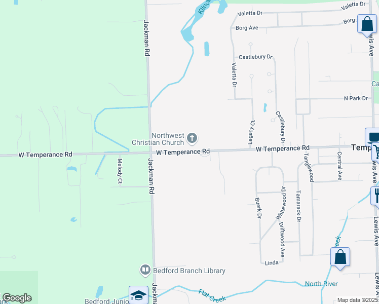 map of restaurants, bars, coffee shops, grocery stores, and more near 1575 West Temperance Road in Temperance