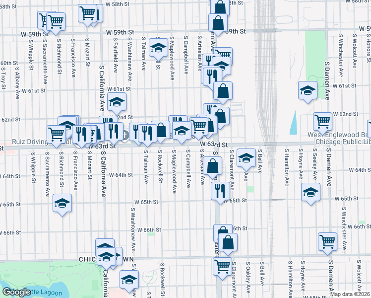 map of restaurants, bars, coffee shops, grocery stores, and more near 2501 West 63rd Street in Chicago