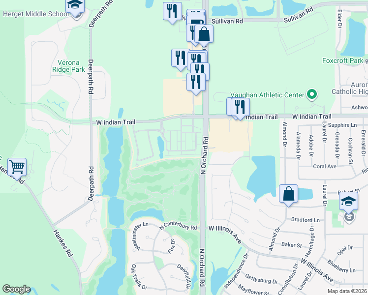 map of restaurants, bars, coffee shops, grocery stores, and more near 1115 Village Center Parkway in Aurora