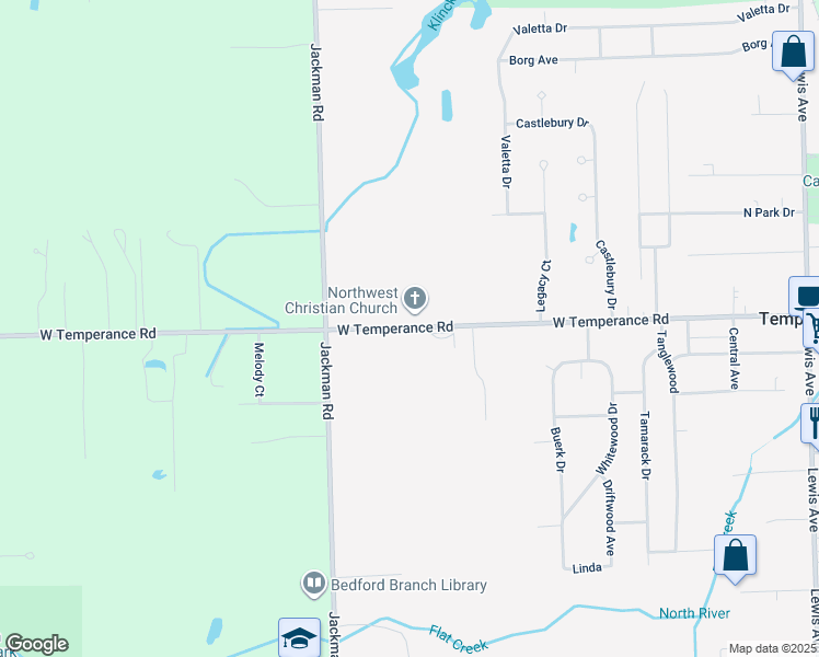 map of restaurants, bars, coffee shops, grocery stores, and more near 1575 West Temperance Road in Temperance