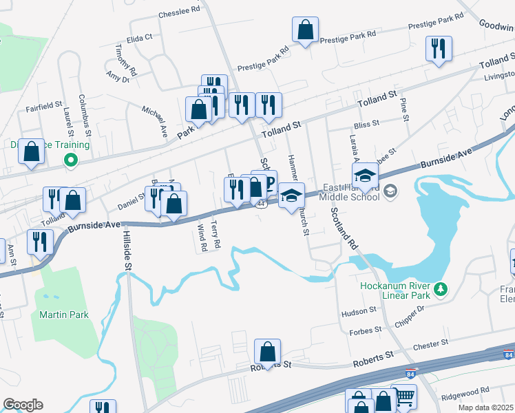 map of restaurants, bars, coffee shops, grocery stores, and more near 635 Burnside Avenue in East Hartford