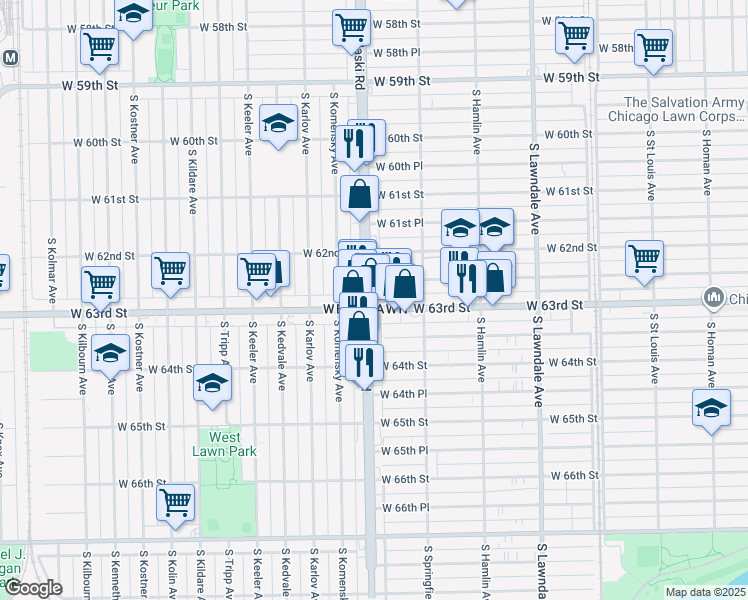 map of restaurants, bars, coffee shops, grocery stores, and more near 6230 South Pulaski Road in Chicago