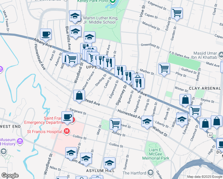 map of restaurants, bars, coffee shops, grocery stores, and more near 55 Edgewood Street in Hartford