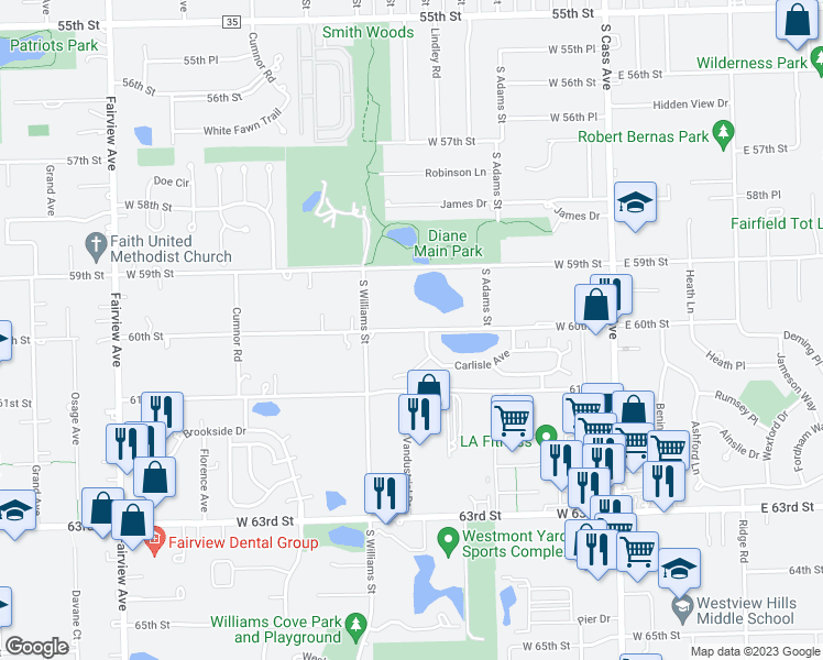 map of restaurants, bars, coffee shops, grocery stores, and more near 203 West 60th Street in Westmont