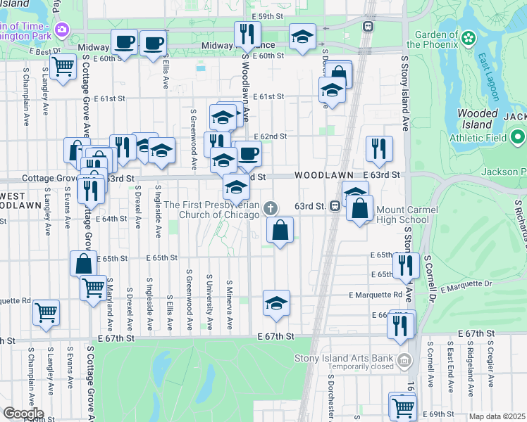 map of restaurants, bars, coffee shops, grocery stores, and more near 6306 South Woodlawn Avenue in Chicago
