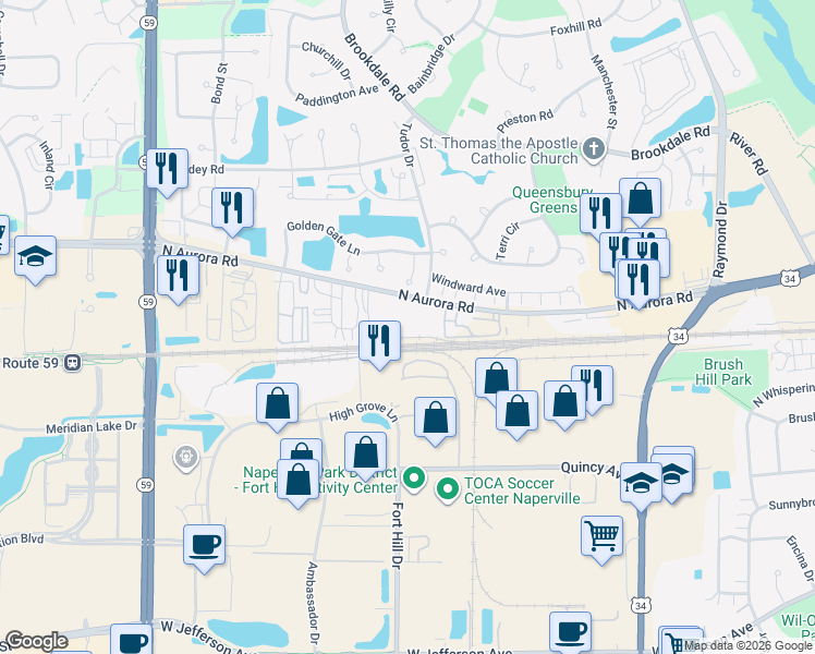 map of restaurants, bars, coffee shops, grocery stores, and more near 1704 North Aurora Road in Naperville