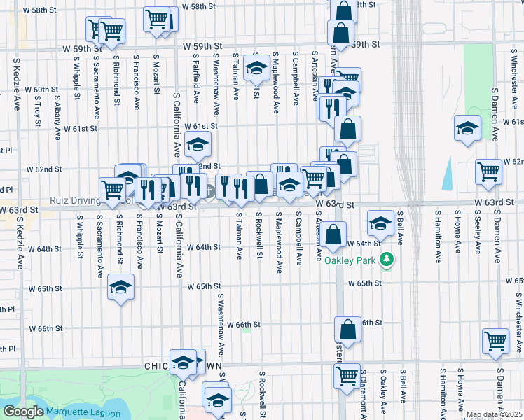 map of restaurants, bars, coffee shops, grocery stores, and more near 2556 West 63rd Street in Chicago