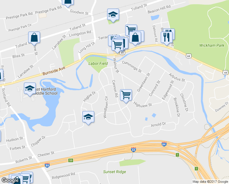 map of restaurants, bars, coffee shops, grocery stores, and more near 68 Cannon Road in East Hartford