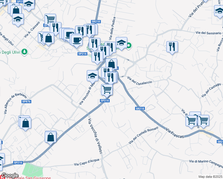 map of restaurants, bars, coffee shops, grocery stores, and more near 95 Vicolo Vittorio Veneto in Grottaferrata