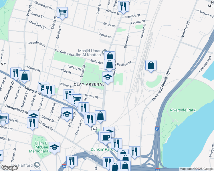 map of restaurants, bars, coffee shops, grocery stores, and more near 1750 Main Street in Hartford