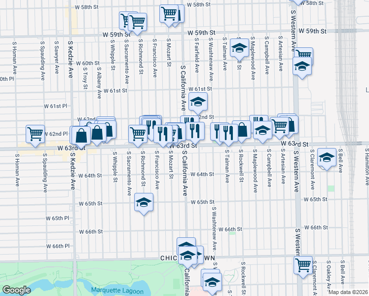 map of restaurants, bars, coffee shops, grocery stores, and more near 6300 South California Avenue in Chicago