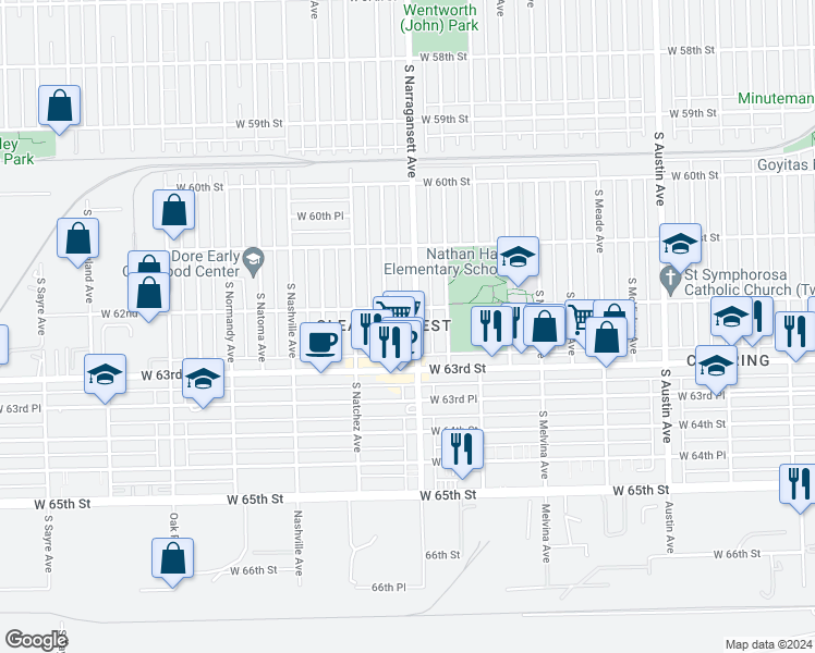 map of restaurants, bars, coffee shops, grocery stores, and more near 6214 South Narragansett Avenue in Chicago