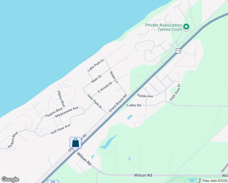 map of restaurants, bars, coffee shops, grocery stores, and more near 51325 East Arnold Avenue in Grand Beach